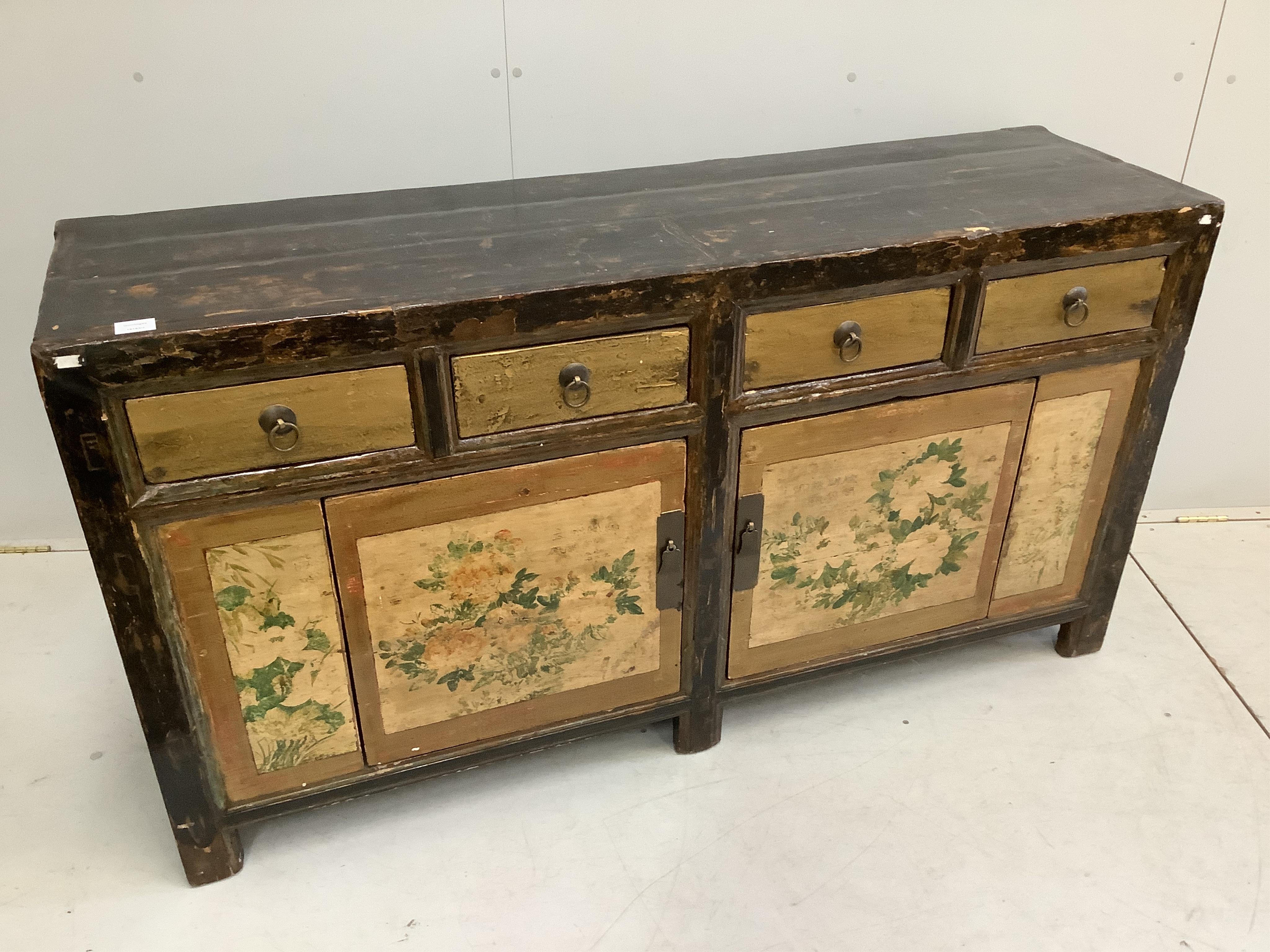 A Chinese painted sideboard, width 154cm, depth 44cm, height 82cm